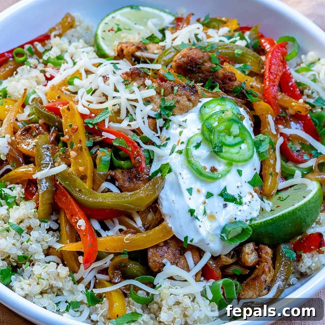 Fresh sliced jalapenos and creamy Greek yogurt topping a bowl of easy chicken fajitas mix.