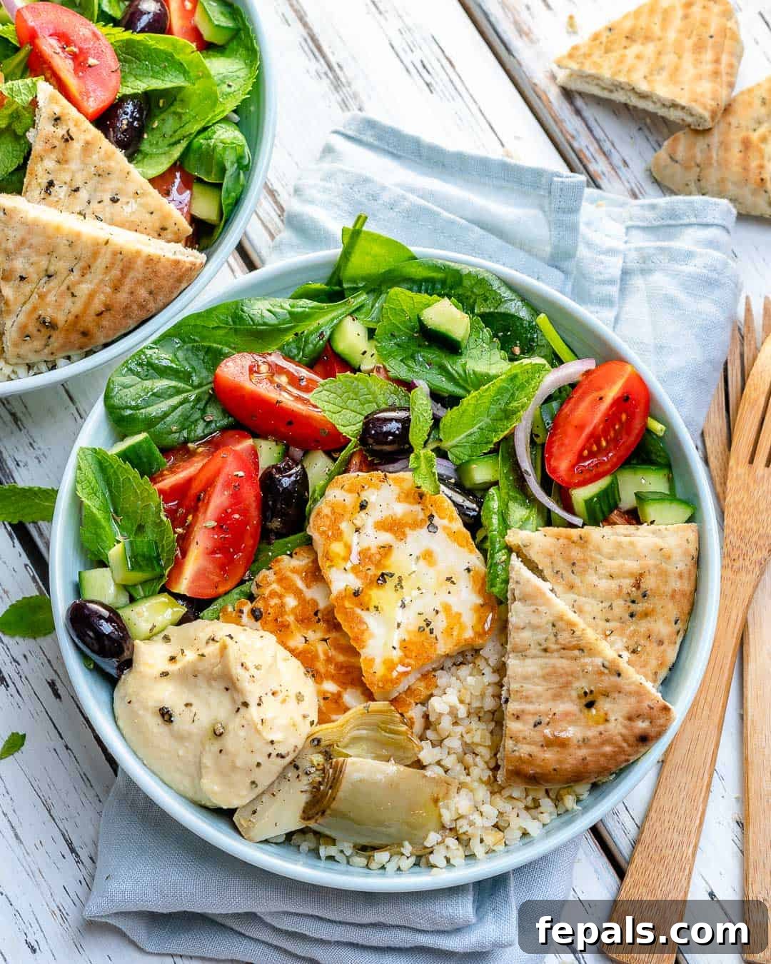 Greek Meze Feast Bowl 3 Close-up of fresh Greek salad ingredients in a bowl