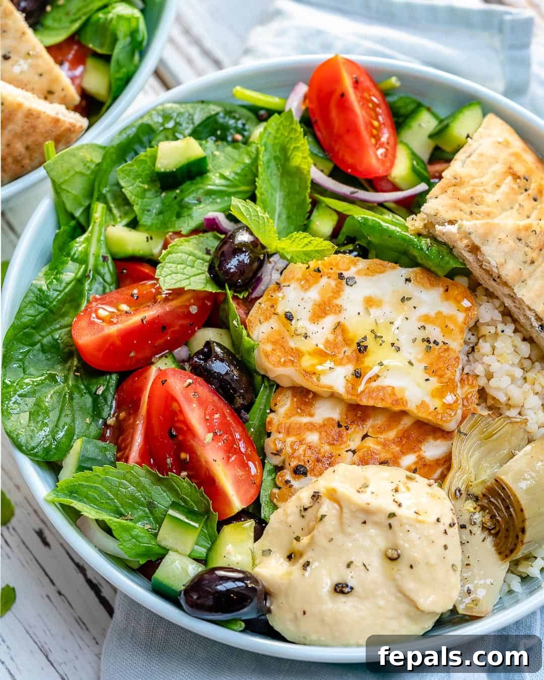 Greek Meze Feast Bowl 5 An assembled Greek Meze Power Bowl, ready to eat