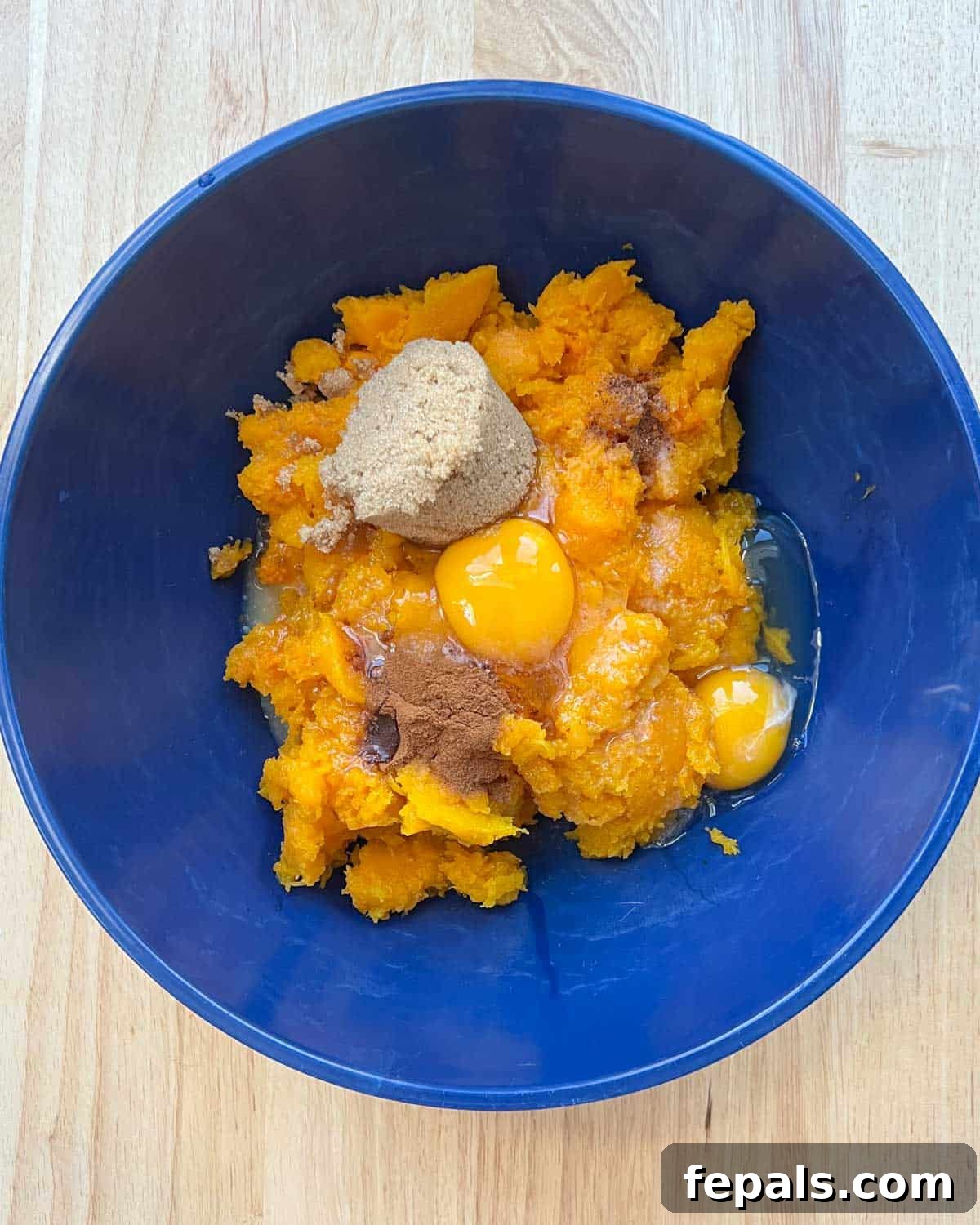 squash, egg, sugar, added to a blue bow. 