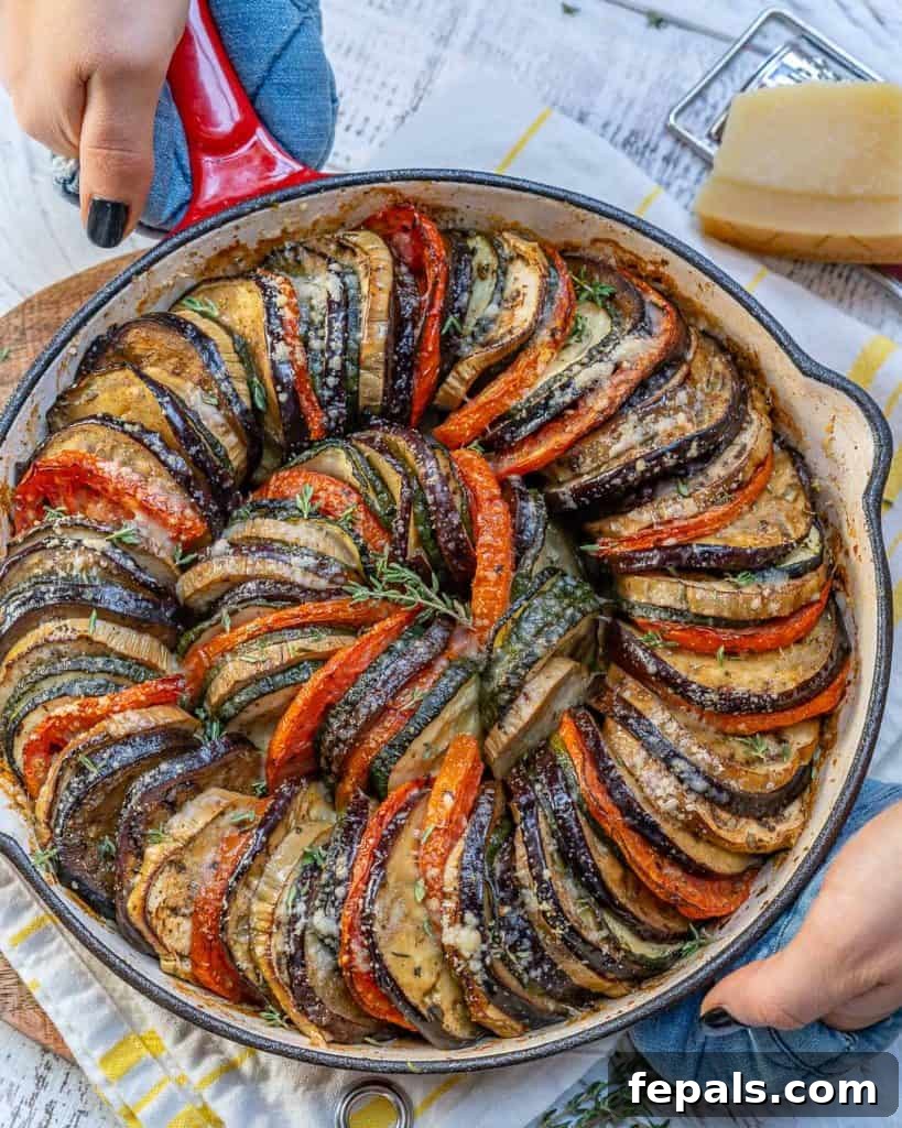 top view roasted eggplant and zucchini in a skillet