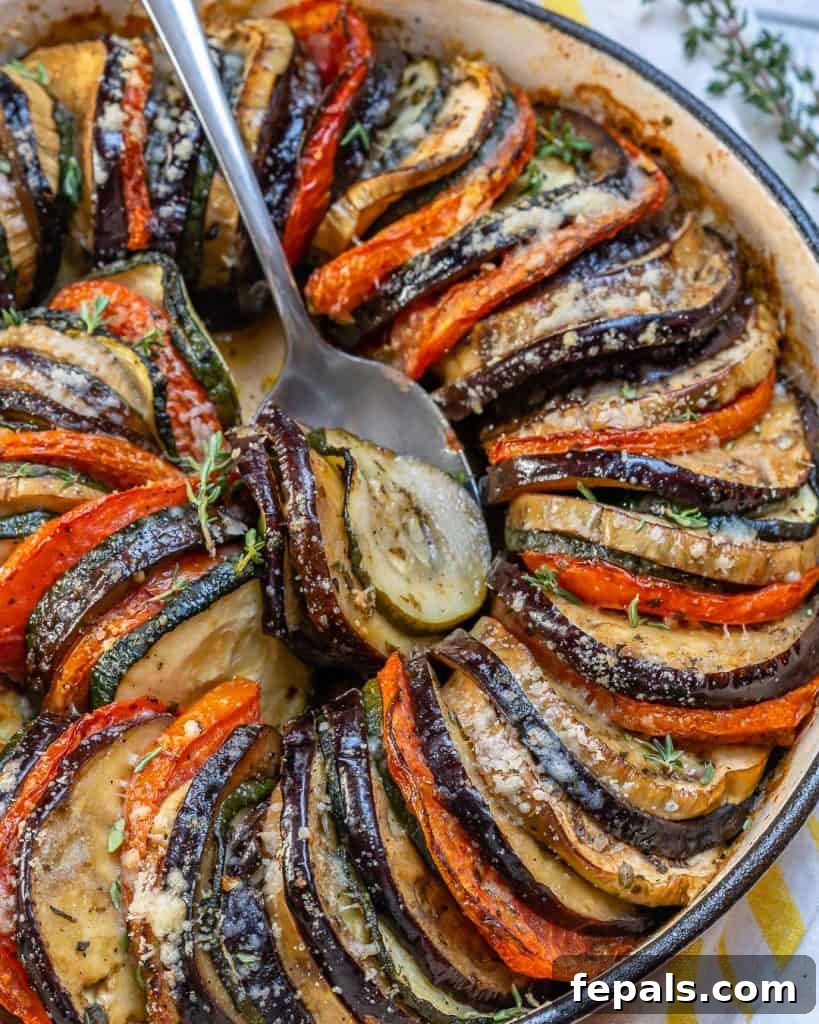 spoon in the dish veggies ratatouille made of slices of eggplant, zucchini, and tomatoes