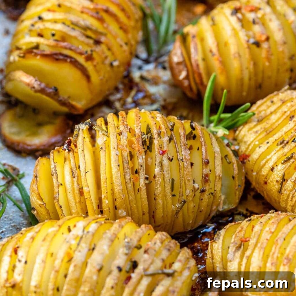 Golden Accordion Potatoes 3 close up view of a hasselback baked potato