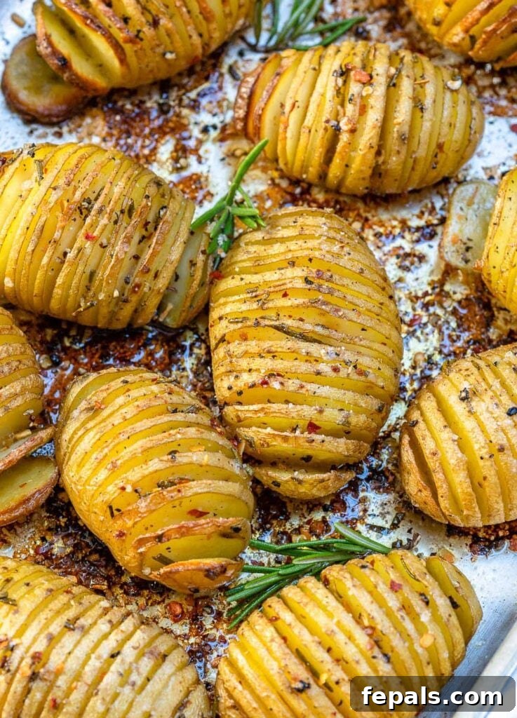 Golden Accordion Potatoes 7 baked sliced potatoes on a sheet pan with fresh rosemary