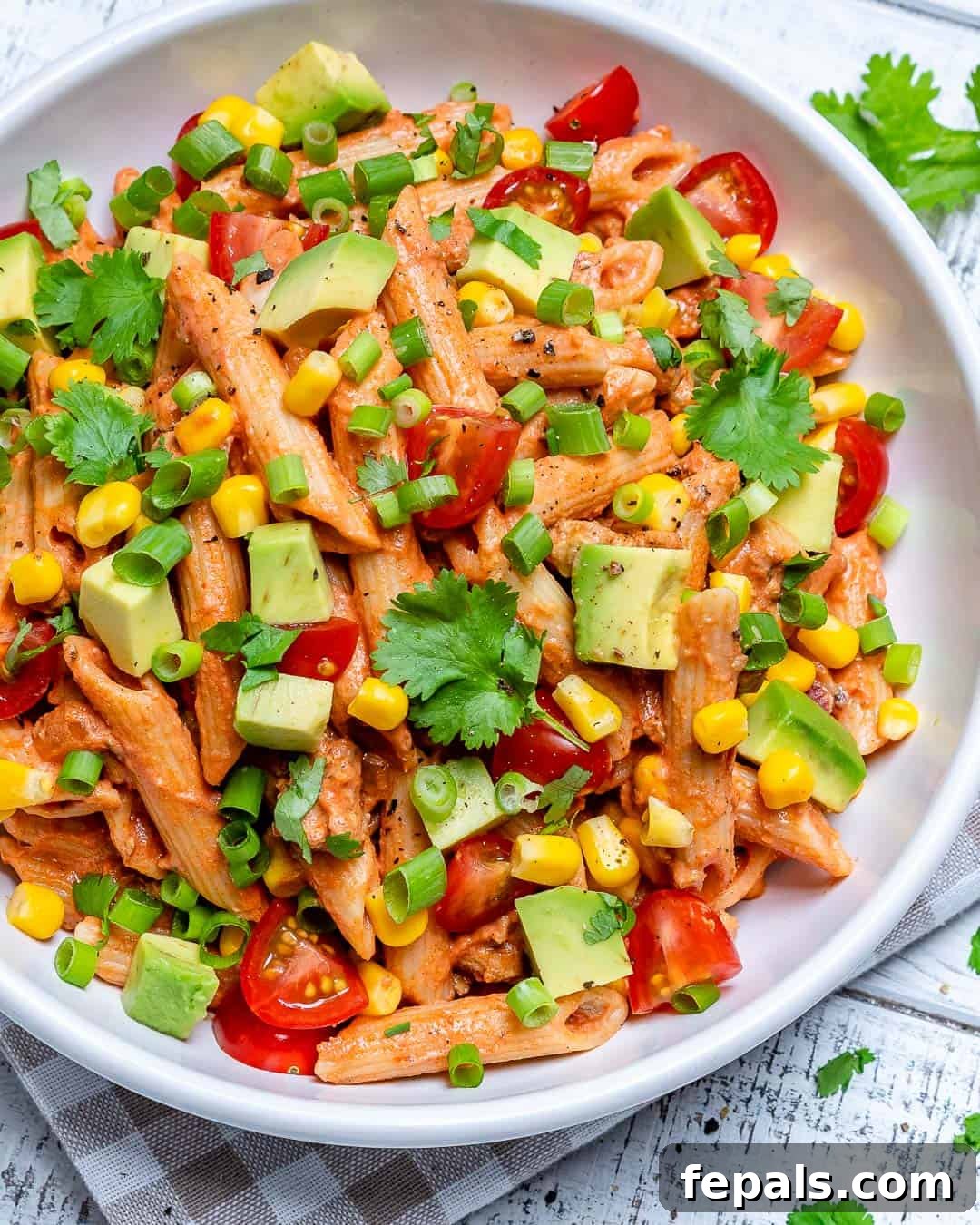 Fiesta Taco Pasta Salad 5 Overhead shot of a large bowl of Taco Pasta Salad, rich with color and texture.