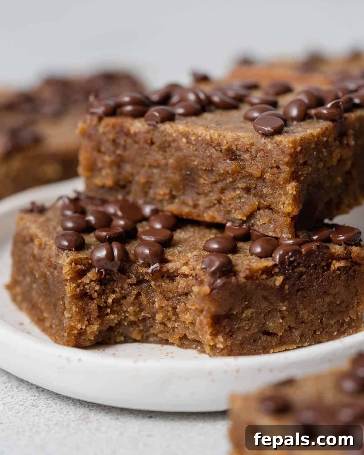 Two soft, chocolate-studded pumpkin bars stacked on a plate, ready to be enjoyed.