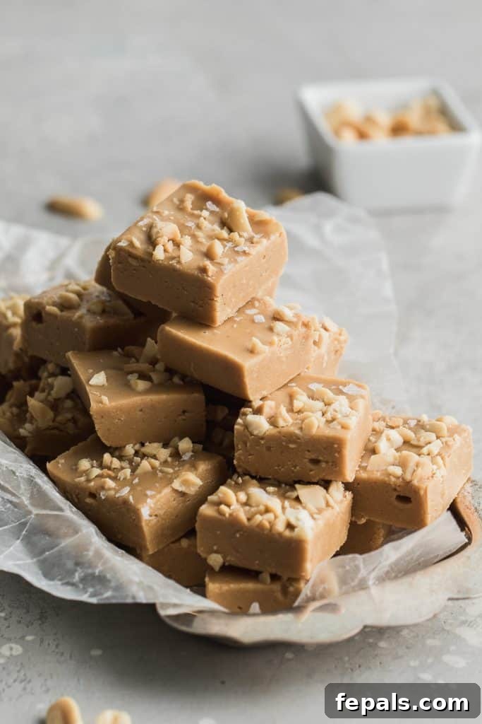 Decadent Peanut Butter Fudge 4 Individual peanut butter fudge squares elegantly presented on a white plate, highlighting their delicious appeal.