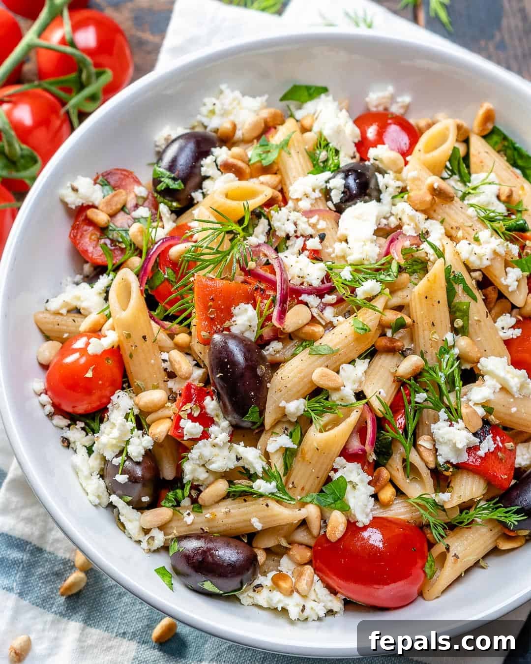 Fresh Greek Cherry Tomato Pasta 4 A closer shot of the Greek Cherry Tomato Pasta on a plate, highlighting its fresh ingredients