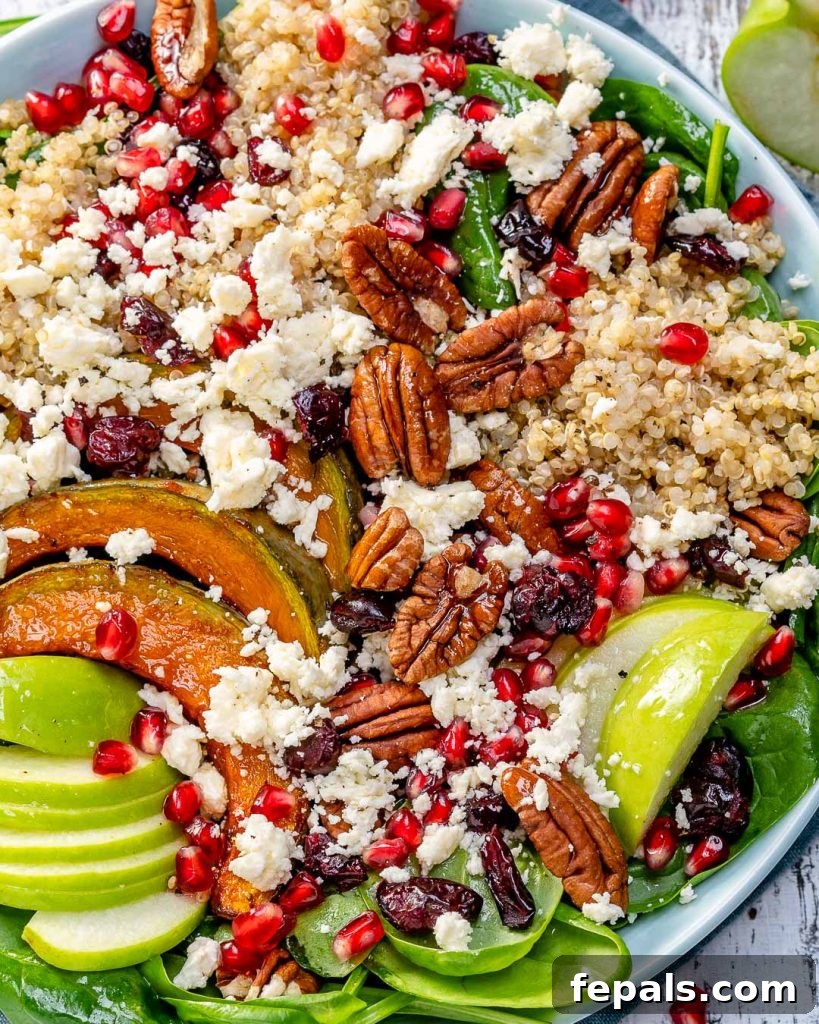 top view of a vibrant quinoa salad in a bowl, featuring quinoa, pecans, apple slices, and roasted squash