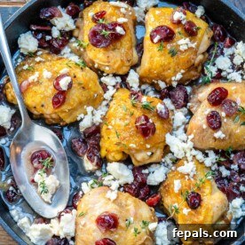 roasted chicken thighs in a black skillet with cranberries and feta cheese