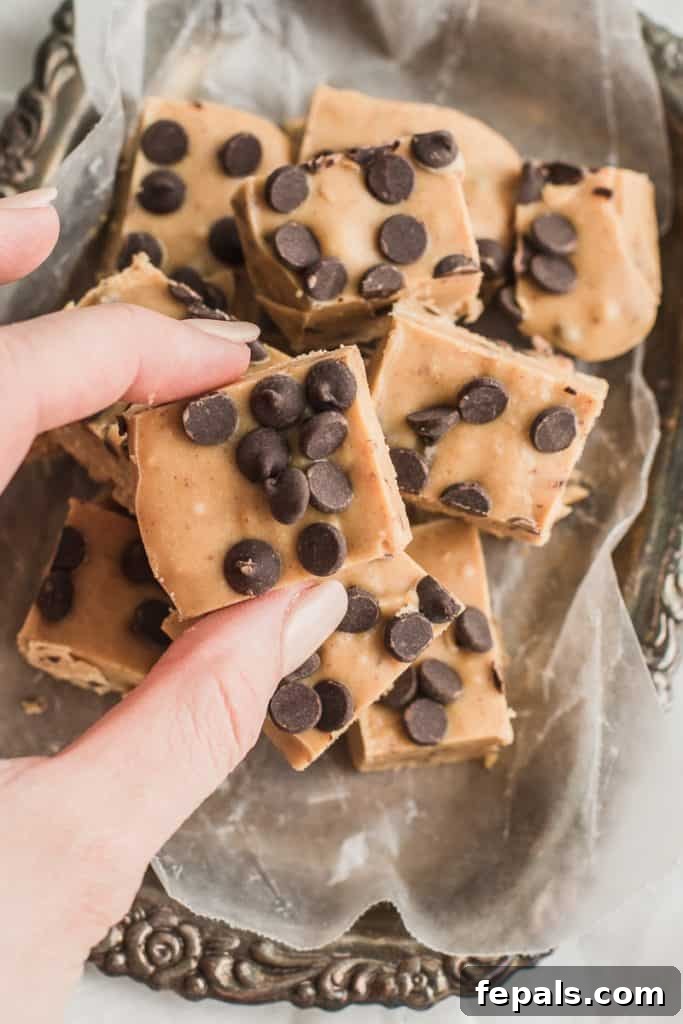 Effortless Chocolate Chip Cookie Dough Fudge 4 A hand holding a piece of rich chocolate chip cookie dough fudge, showcasing the thick, chewy texture and visible chocolate pieces.