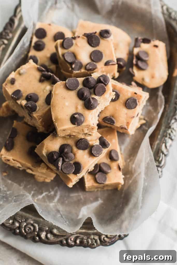 Effortless Chocolate Chip Cookie Dough Fudge 5 Top-down view of cookie dough fudge, showing the generous scattering of chocolate chips and the inviting, rich color.