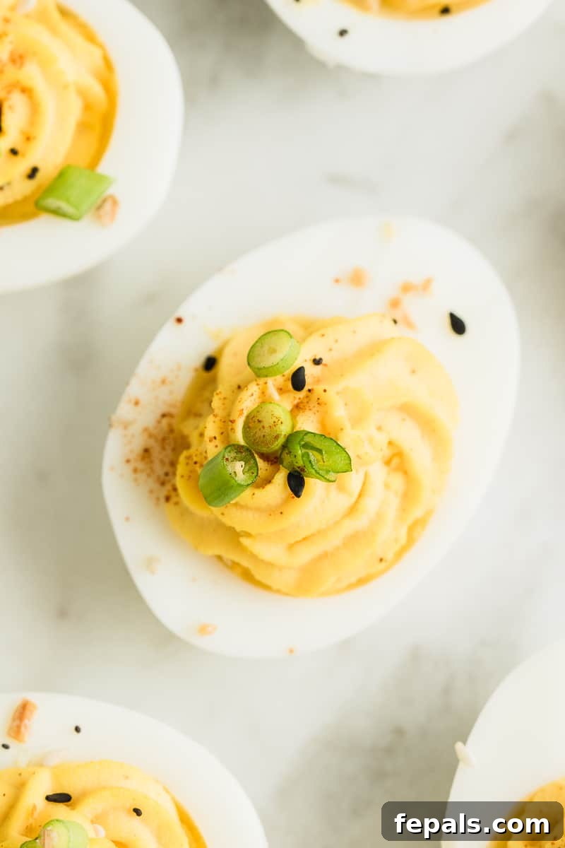 Guilt-Free Deviled Delights 3 Close-up of perfectly garnished deviled eggs ready to serve