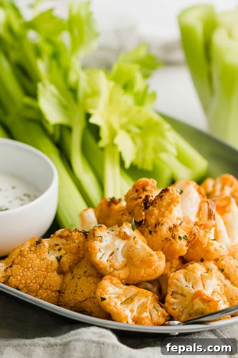 Keto Buffalo Cauliflower Bites Crispy roasted cauliflower florets with buffalo sauce, garnished with fresh parsley and served with celery on a white plate.