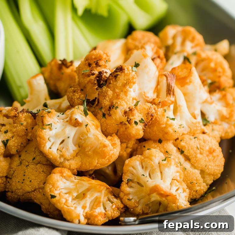 Healthy Buffalo Cauliflower Bites Close-up of cooked cauliflower wings coated in buffalo sauce, garnished with parsley, ready for serving.