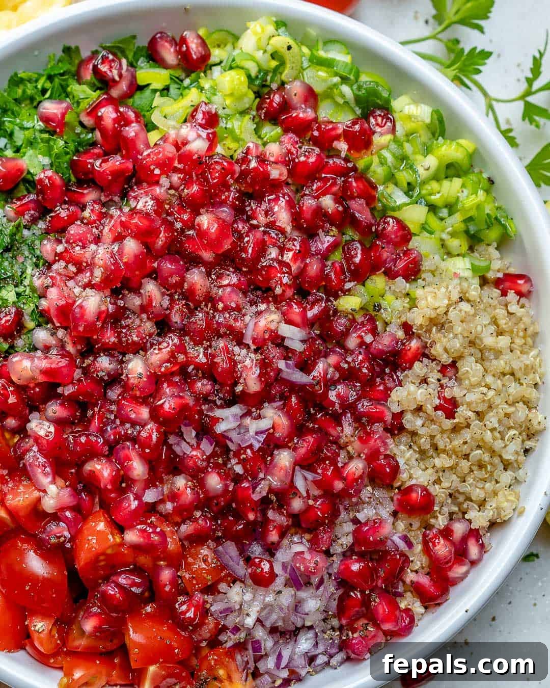 Vibrant Quinoa Tabbouleh Salad 2 Vibrant Quinoa Tabbouleh Salad with fresh parsley, tomatoes, and pomegranate seeds in a bowl