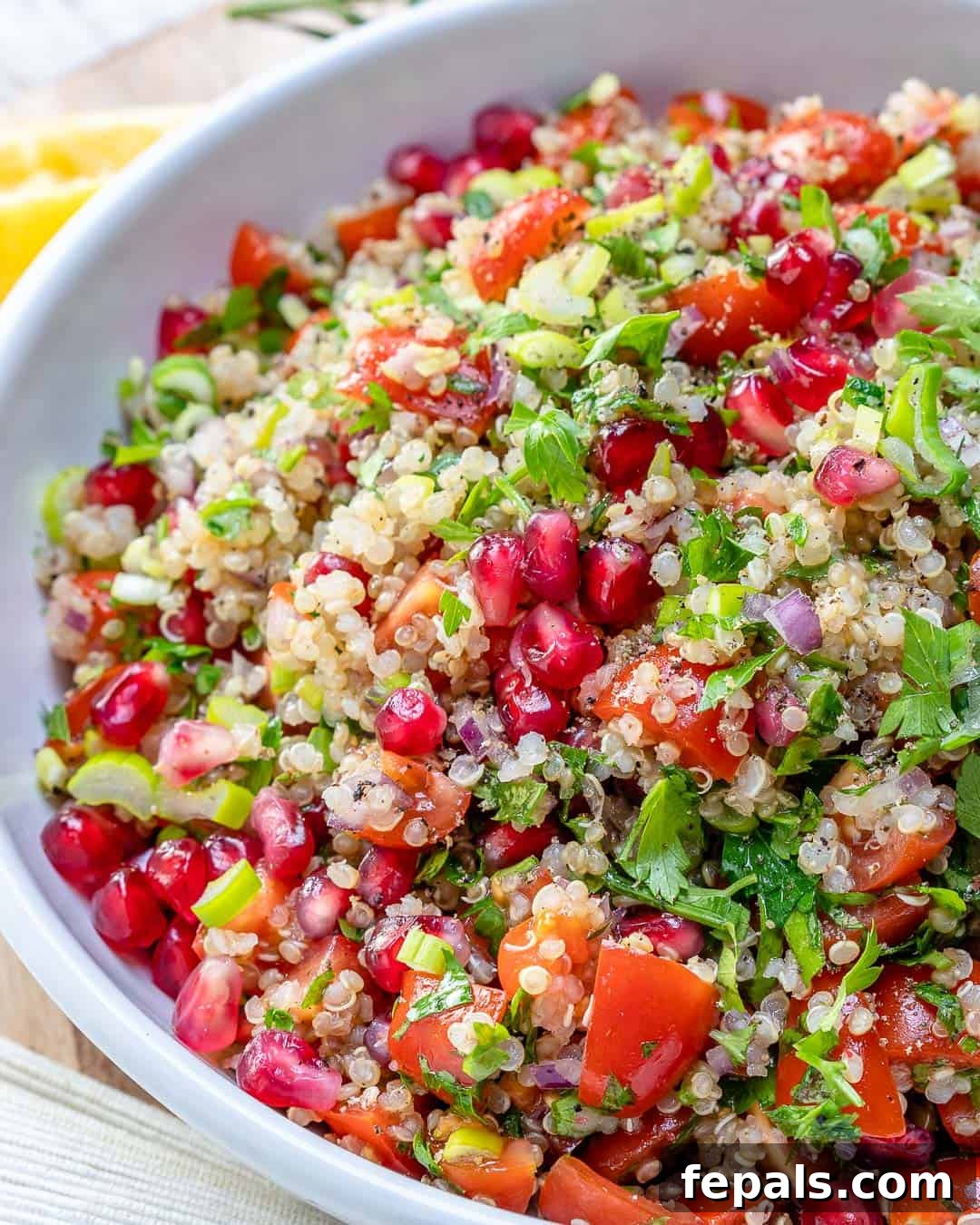 Vibrant Quinoa Tabbouleh Salad 7 The ultimate Lebanese-inspired Quinoa Tabbouleh recipe presented beautifully for serving
