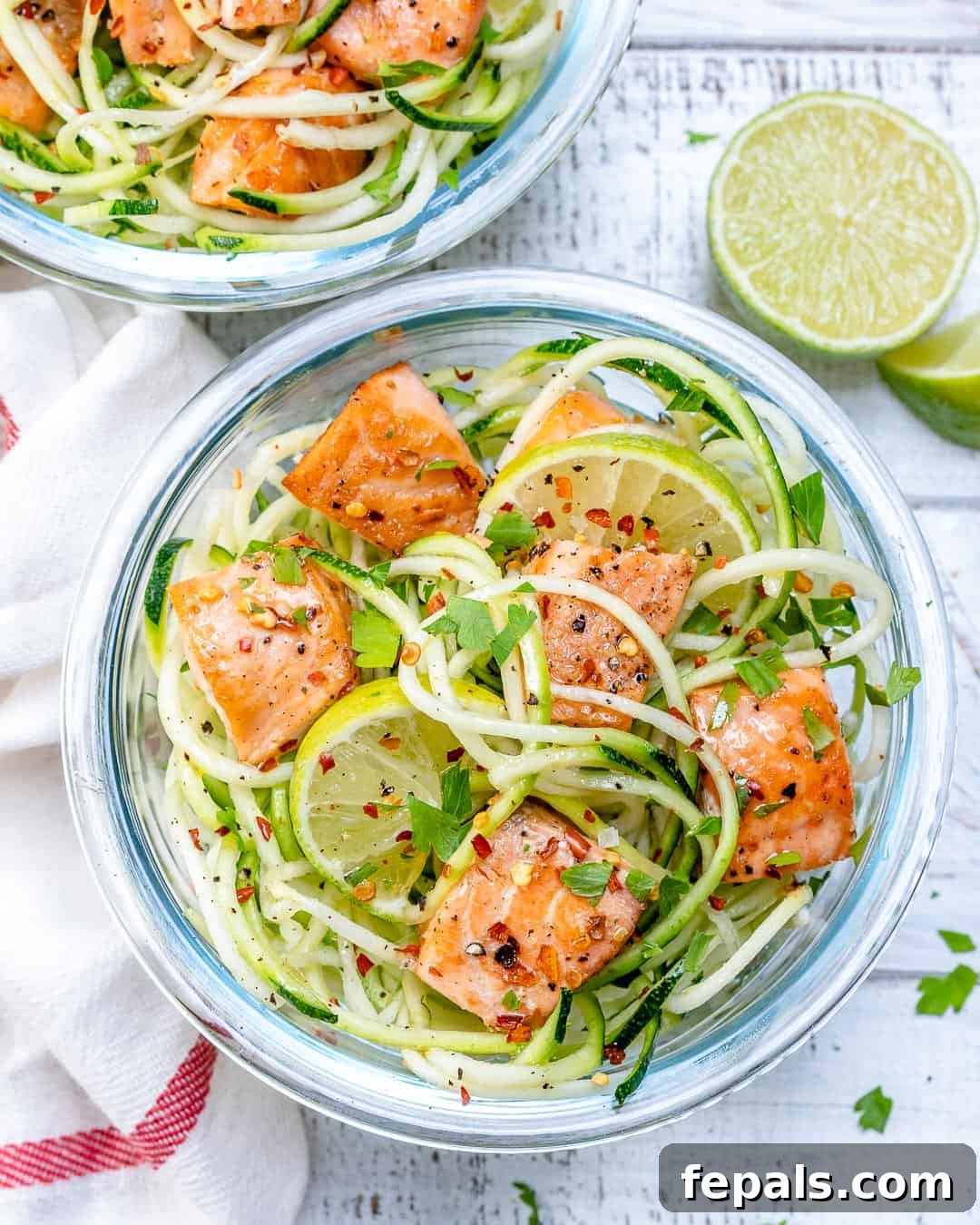 Zesty Chili Salmon Zoodles 5 Overhead shot of easy salmon recipe with zoodles.