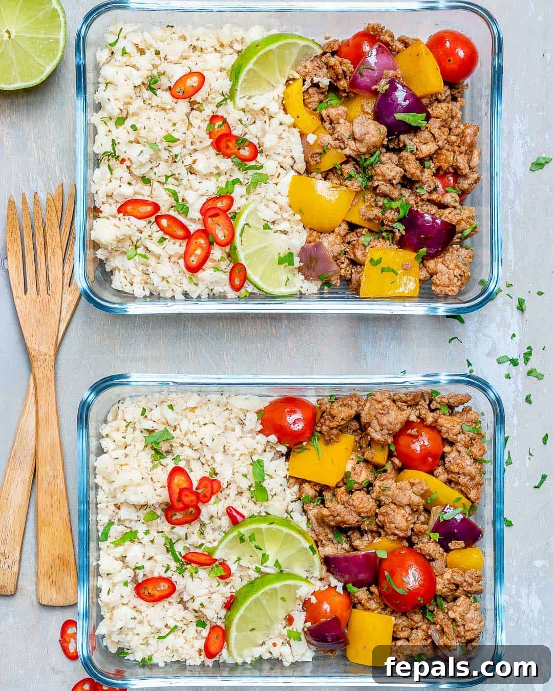 Ground Turkey and Cauliflower Rice Skillet Ground turkey and cauliflower rice in glass containers for meal prep, showcasing a healthy and easy-to-prepare dish.