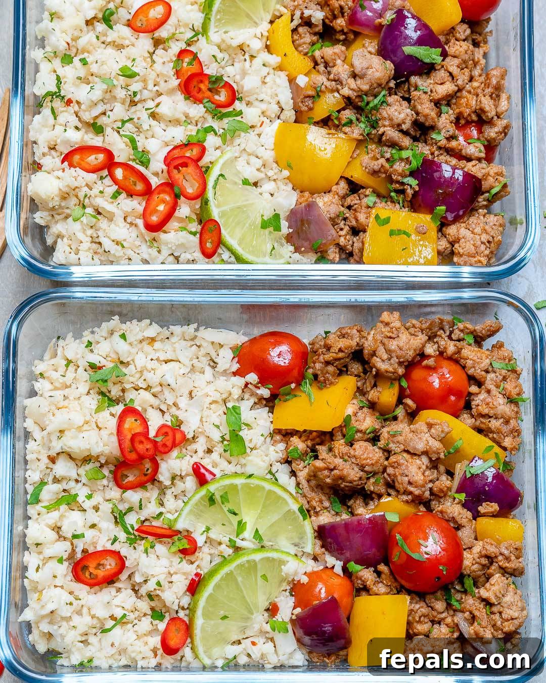 Ground Turkey and Cauliflower Rice Skillet Cauliflower recipe and ground turkey with vegetables in glass containers, perfect for a healthy and convenient meal.