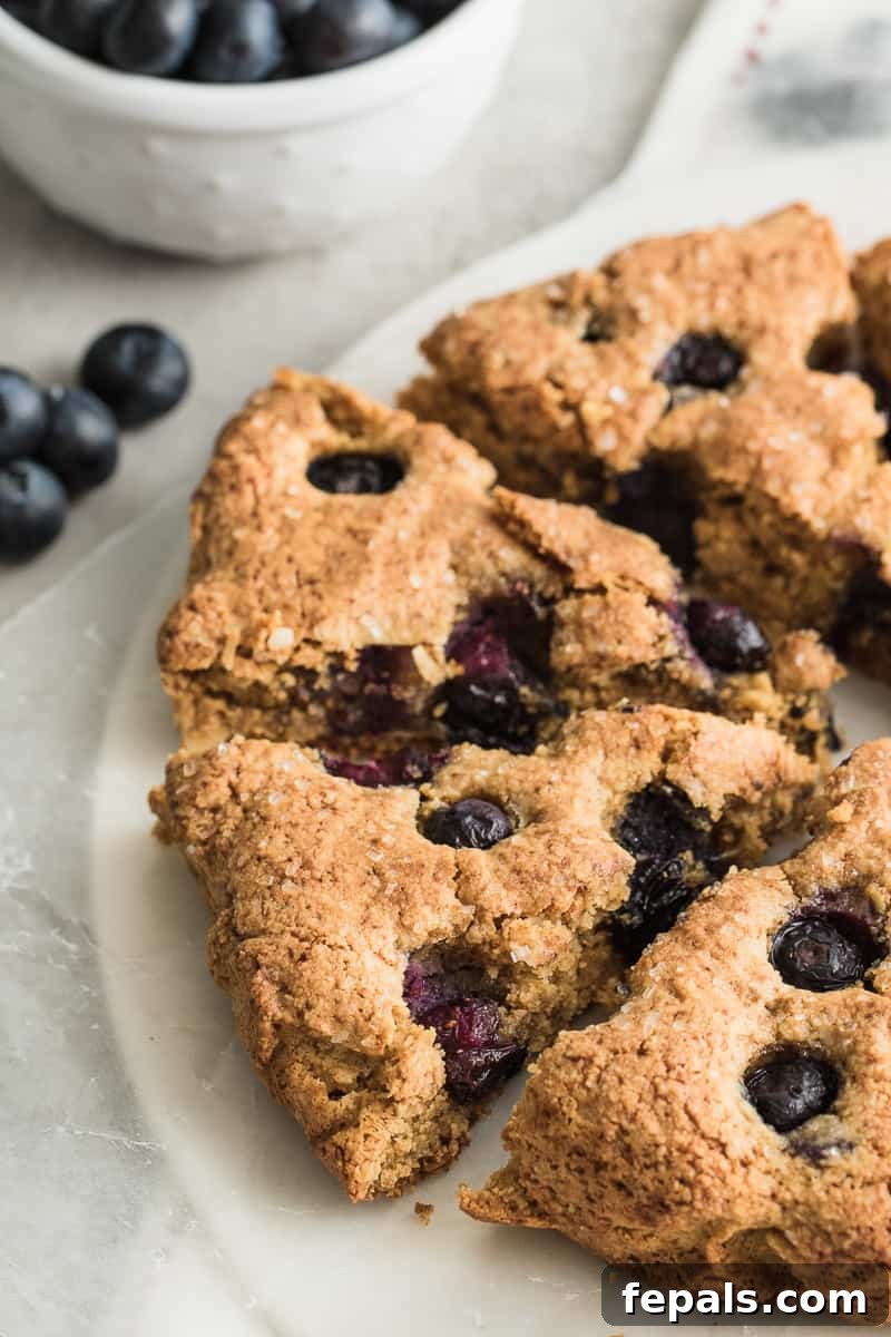 Berry Bliss Gluten-Free Scones 3 Close-up shot of a single gluten-free blueberry scone, showing its tender interior and juicy blueberries.