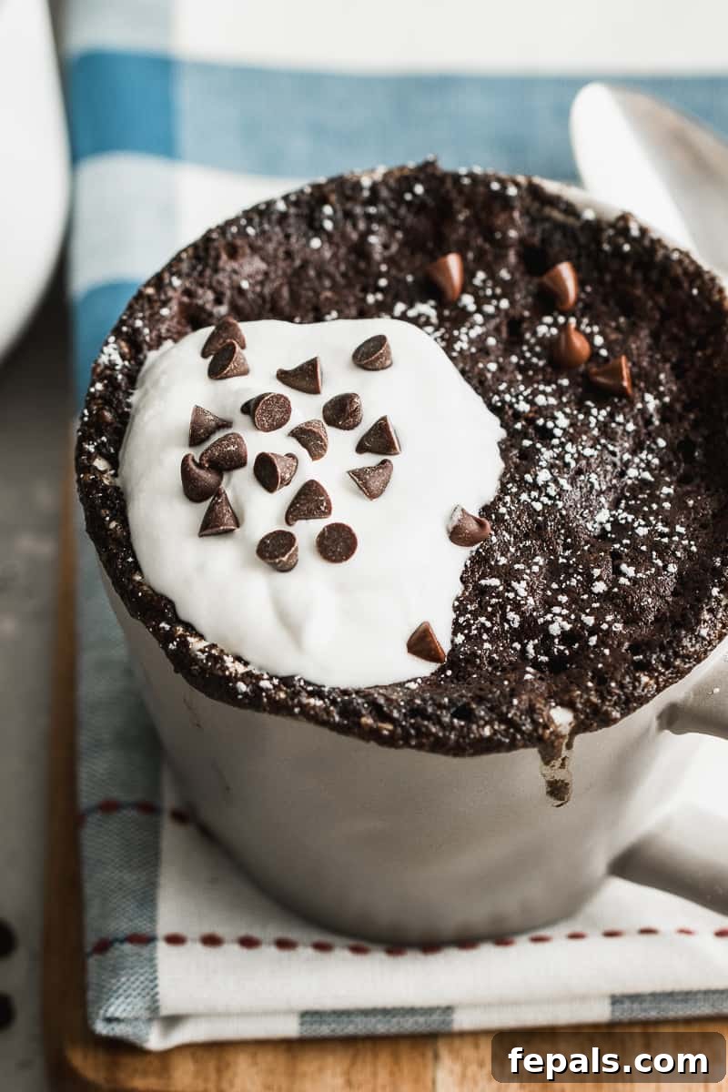 Another view of the paleo dessert recipe, a chocolate mug cake.