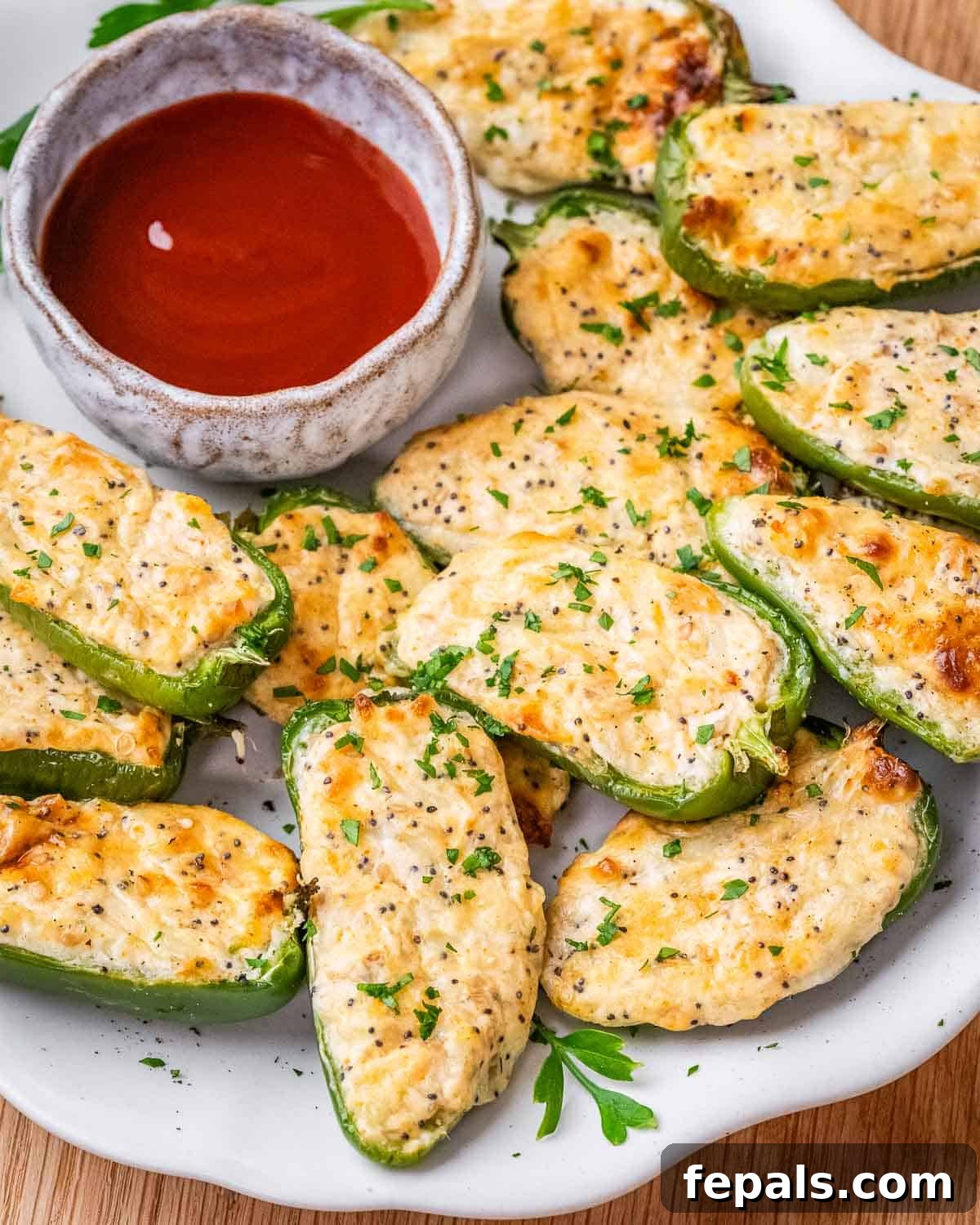 A vibrant plate featuring golden baked jalapeno poppers and a small bowl of rich red dipping sauce, inviting you to enjoy.