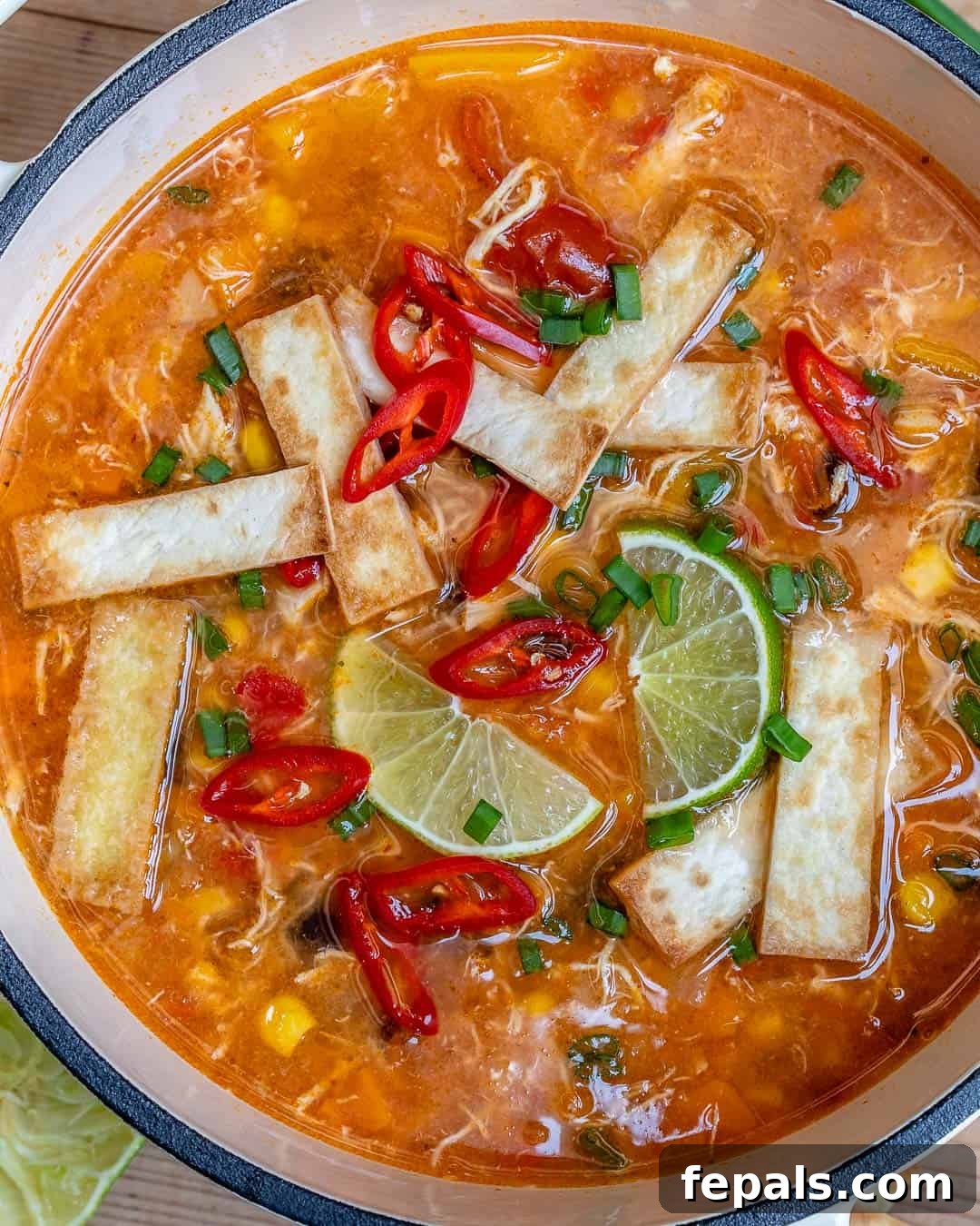 Healthy and easy chicken tortilla soup recipe, ready to be served