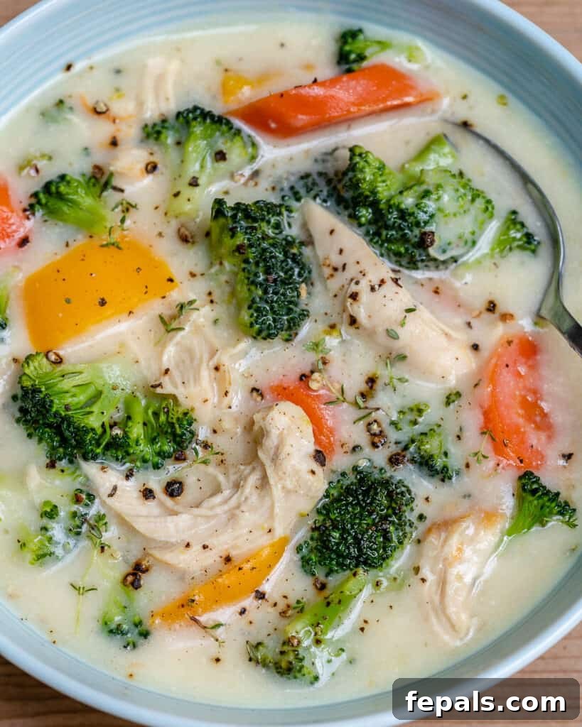Velvety Chicken and Broccoli Potage 3 close up image of a chicken broccoli soup recipe in a bowl