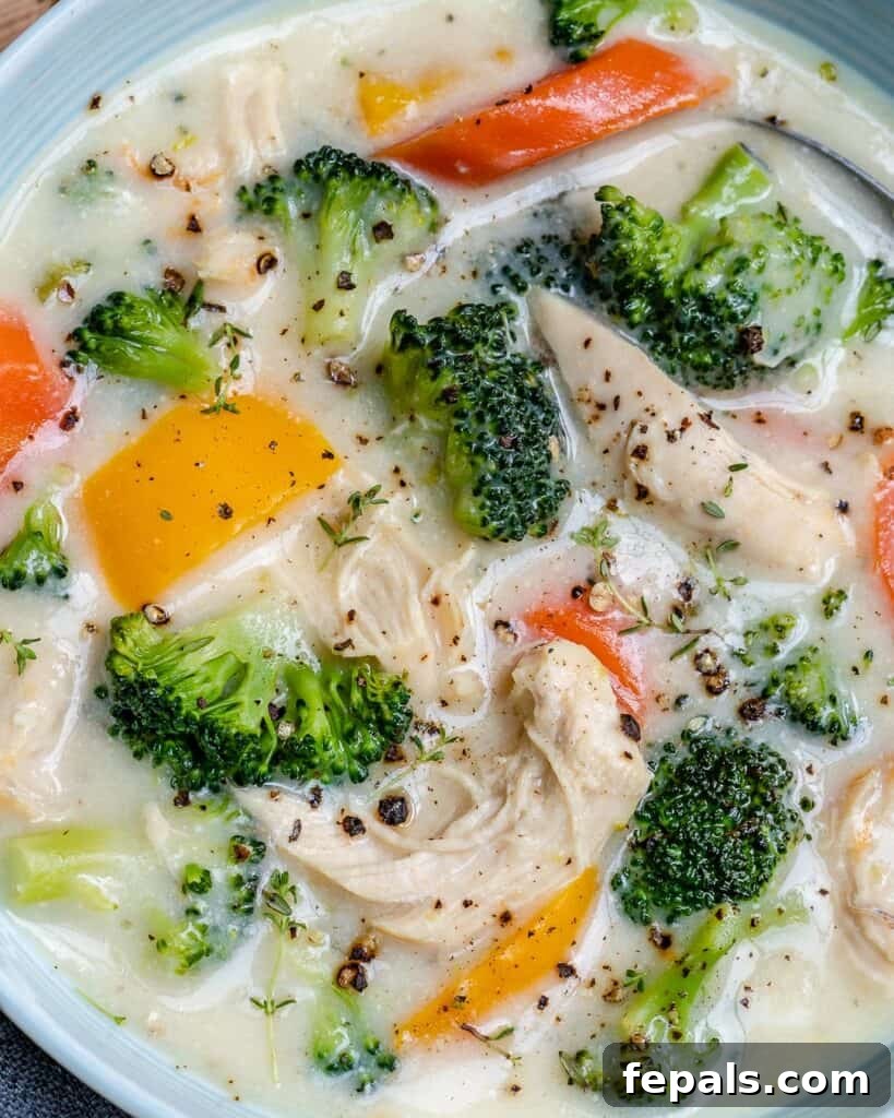 Velvety Chicken and Broccoli Potage 5 close up image of a bow if chicken soup that is creamy looking with broccoli and carrots