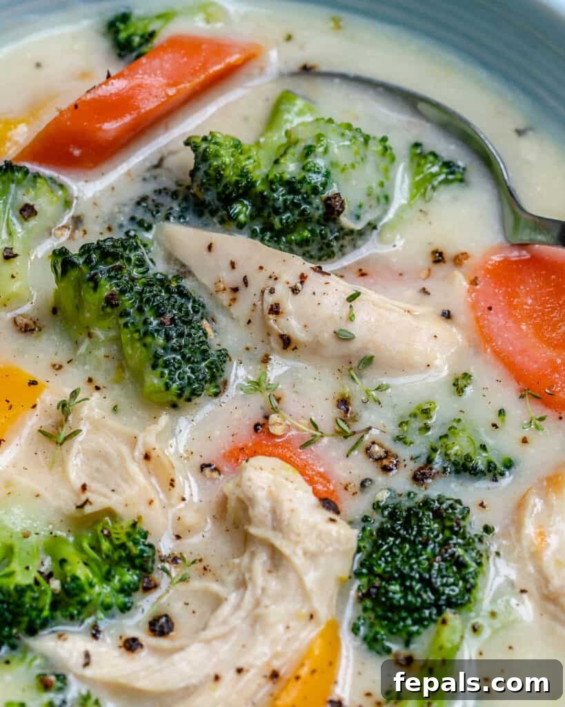 Velvety Chicken and Broccoli Potage 8 close up view of a creamy soup with broccoli chicken and sliced carrots
