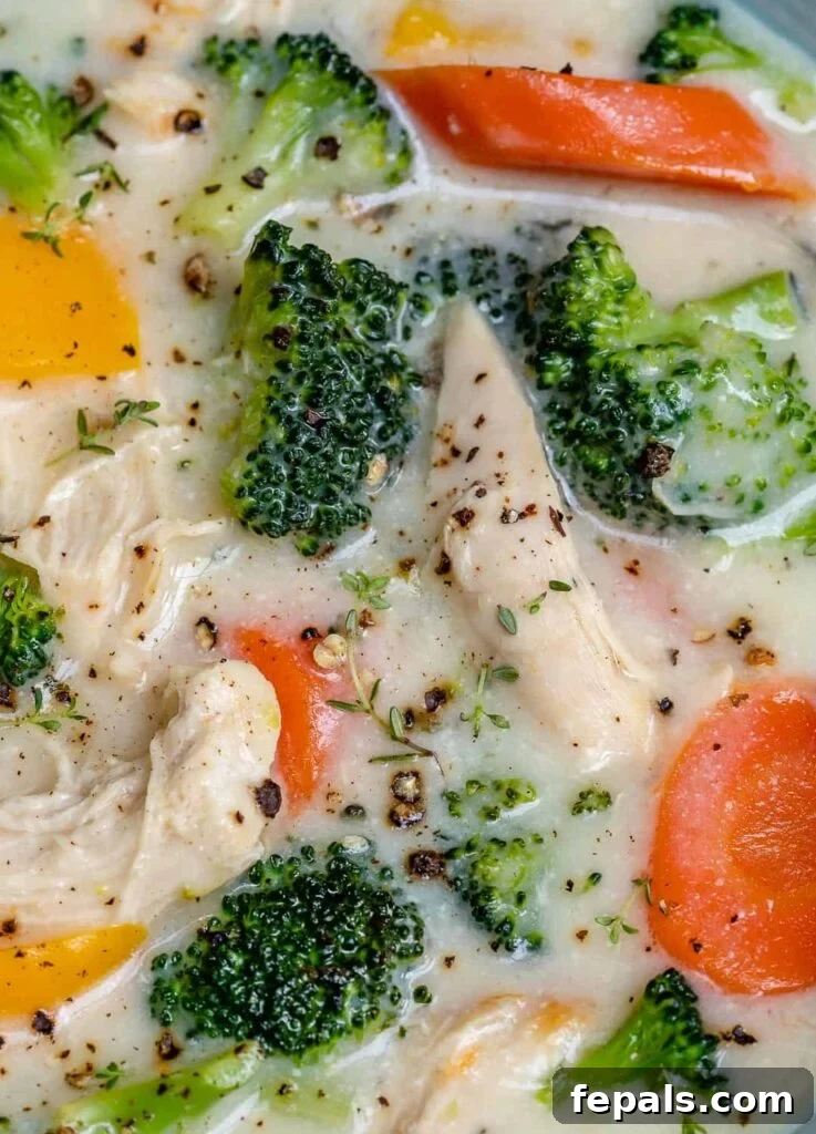 Velvety Chicken and Broccoli Potage 9 close up view of a creamy white chicken soup with broccoli and carrots