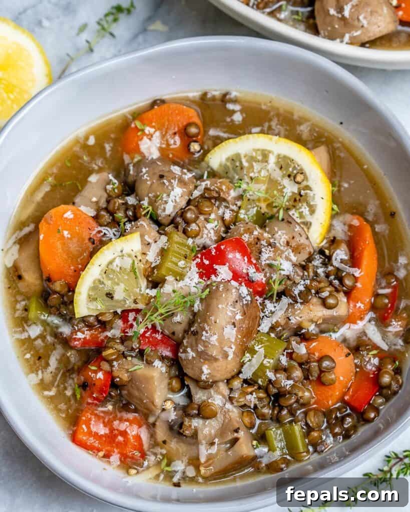 top view of a bowl with lentil and mushroom soup 