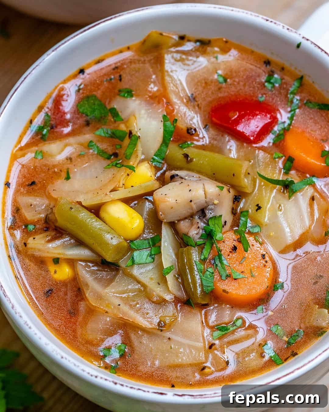 Vibrant Vegan Cabbage Cleanse 7 vegan cabbage soup recipe on a wooden table