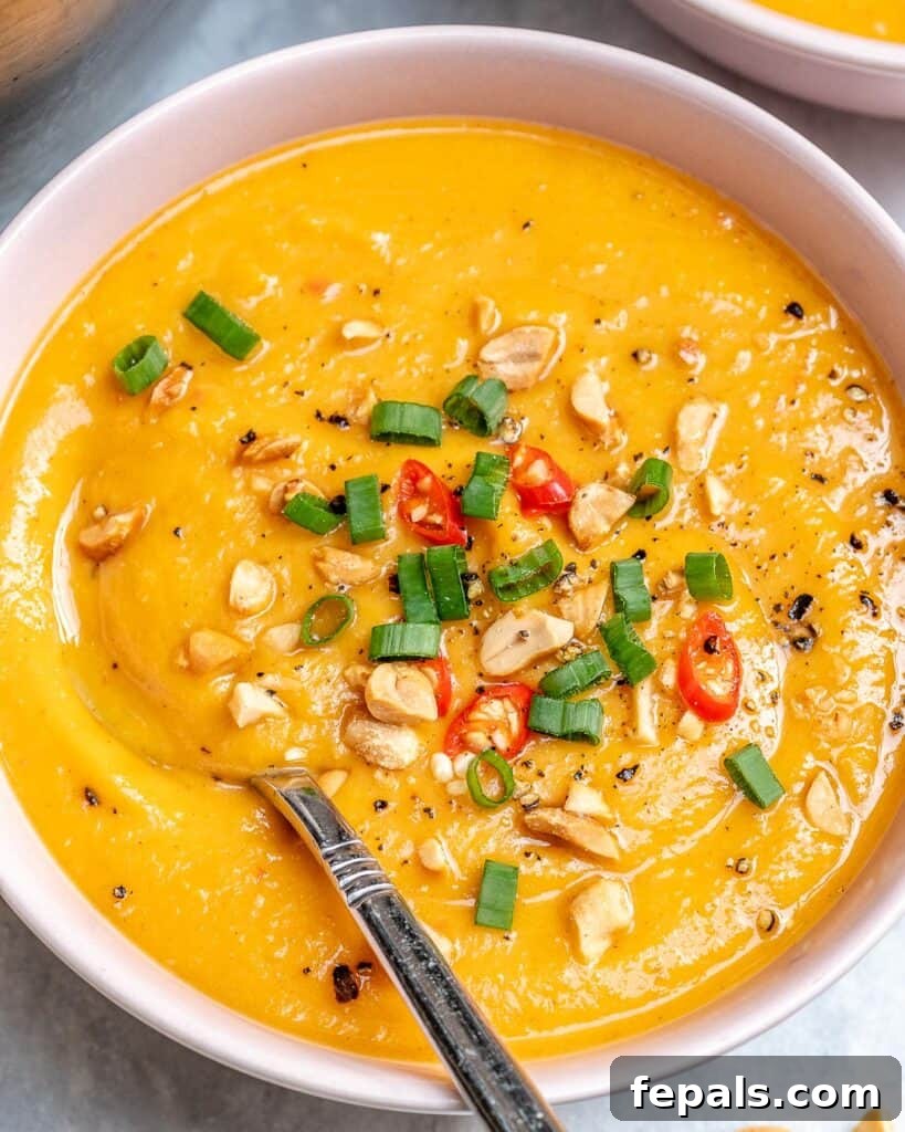 overhead shot of spoon in Sweet Potato Soup in a round white bowl topped with fresh peanuts green onions and sliced chili peppers.