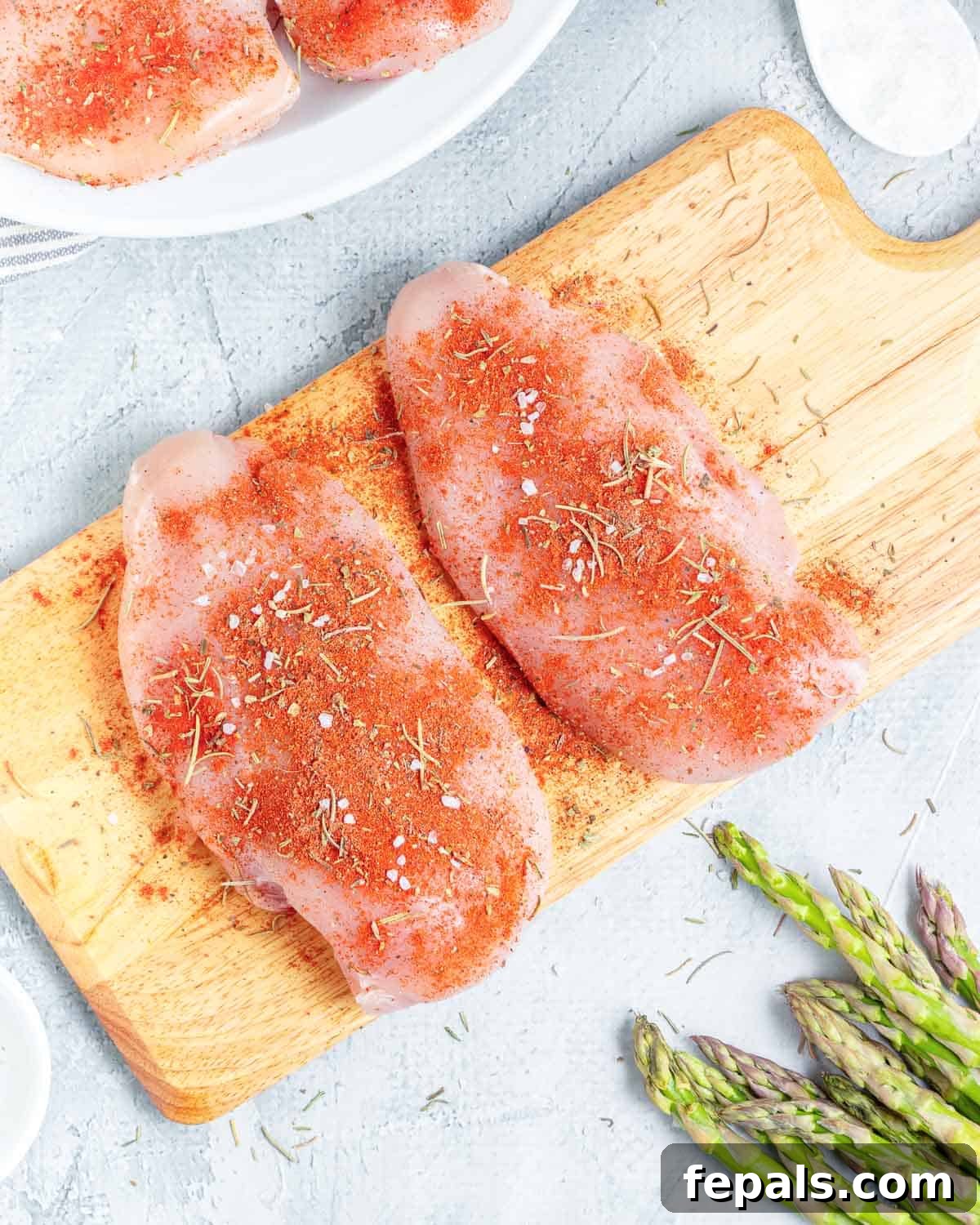 Chicken breasts seasoned with seasonings on a cutting board.