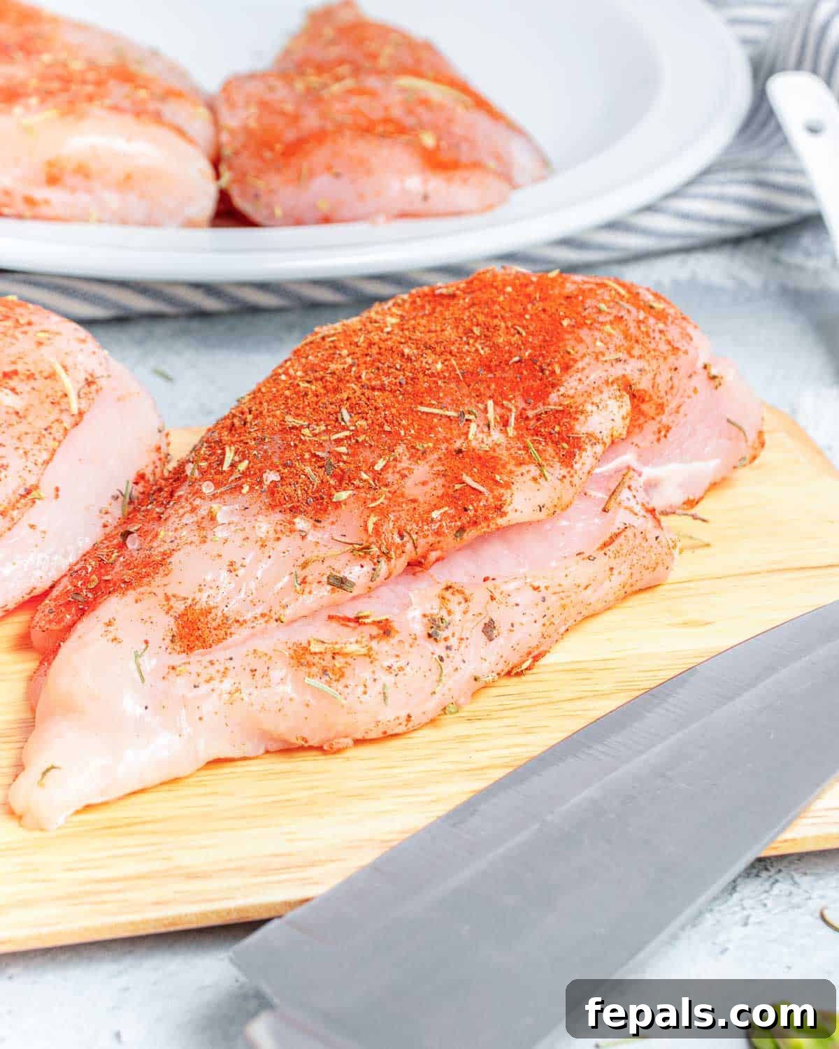 Chicken breast sliced in the middle to be stuffed.
