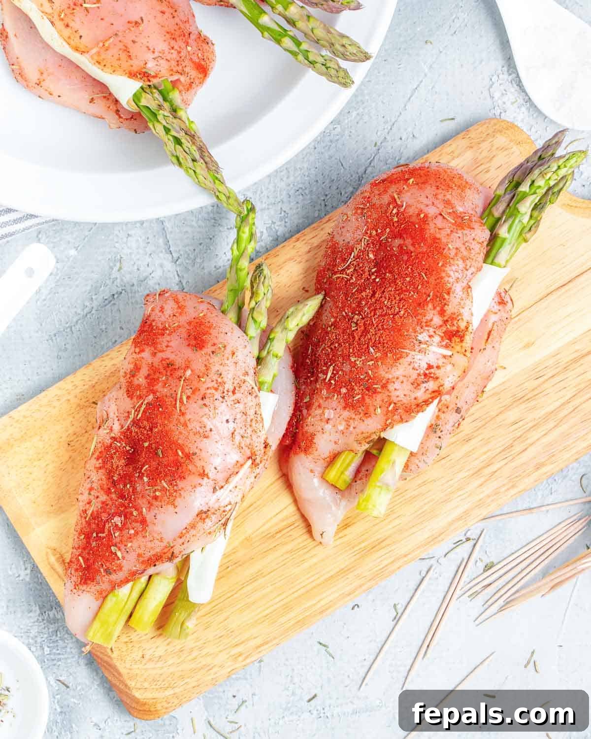 chicken breasts stuffed chicken asparagus, cheese, and sun-dried tomatoes on a cutting board. Before baking.