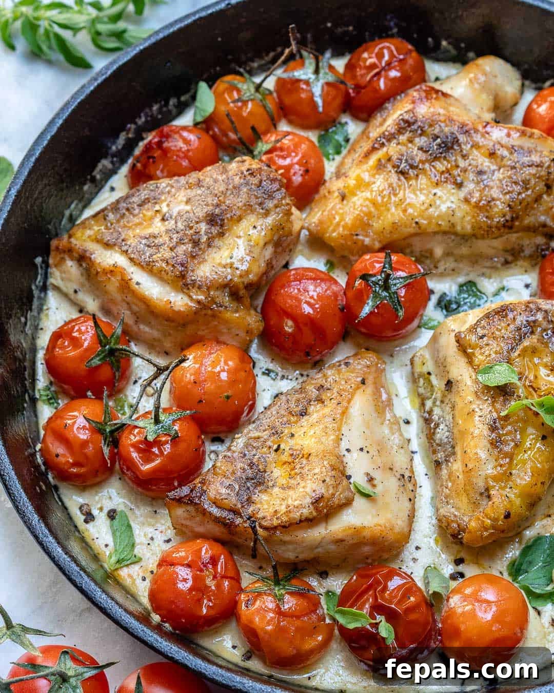 Golden Skillet Creamy Garlic Chicken 2 Creamy garlic chicken and bursted cherry tomatoes