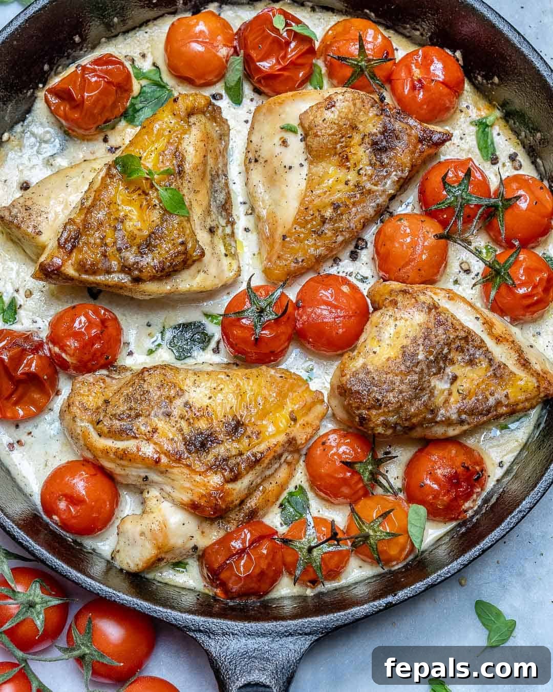 Golden Skillet Creamy Garlic Chicken 3 Chicken breast cooked in a creamy garlic sauce with tomatoes in a skillet