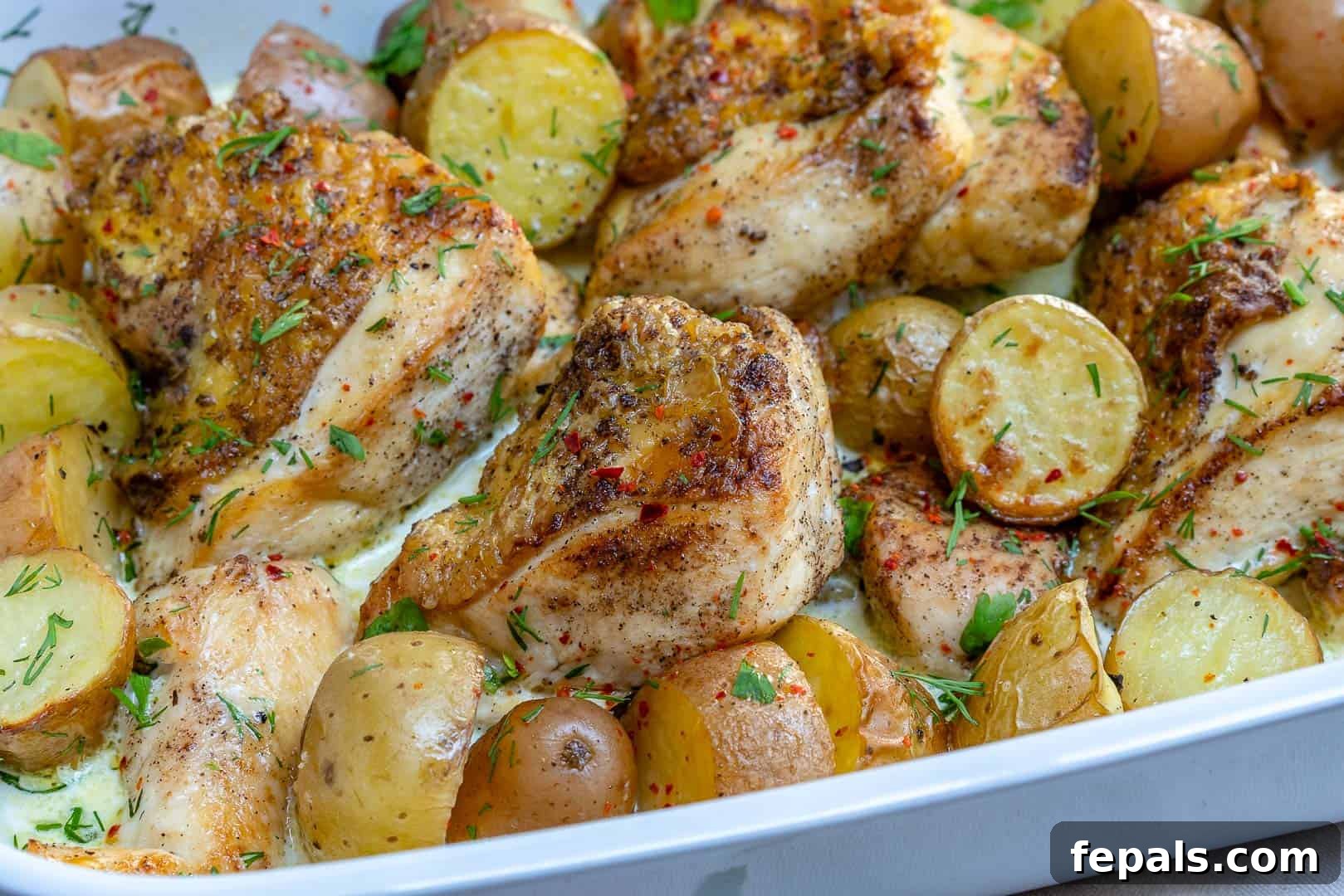 Baked chicken recipe with creamy sauce and potatoes