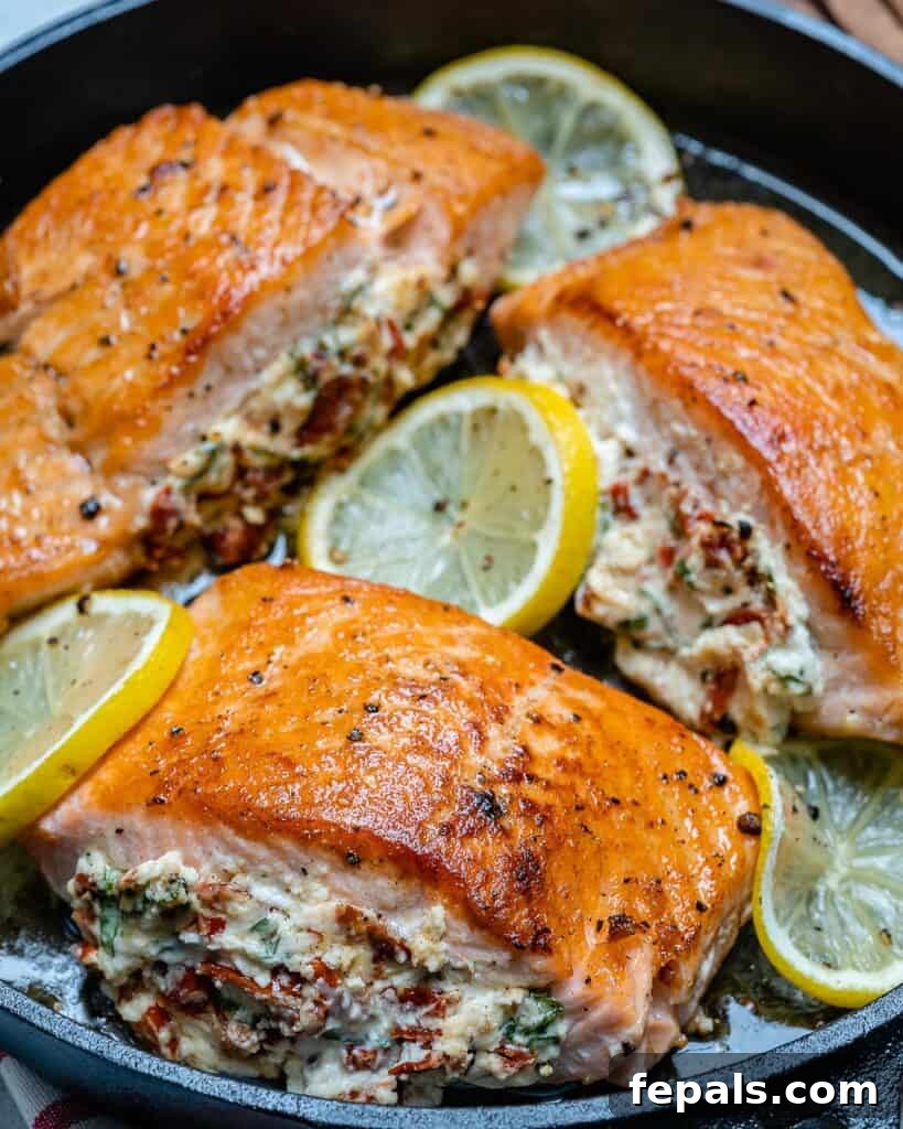 3 stuffed salmon filets on a black skillet with lemon garnishes