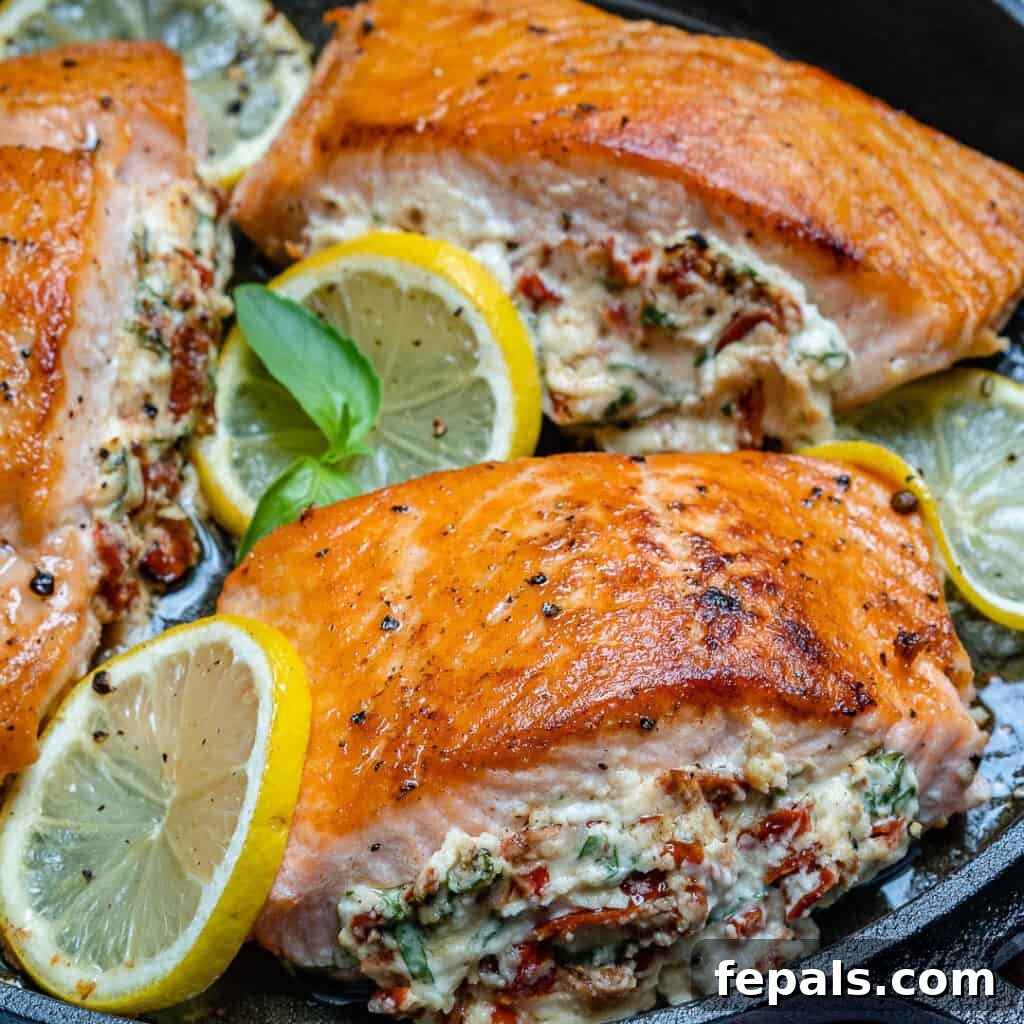 side shot of 2 salmon fillets stuffed with cream cheese filling in a pan