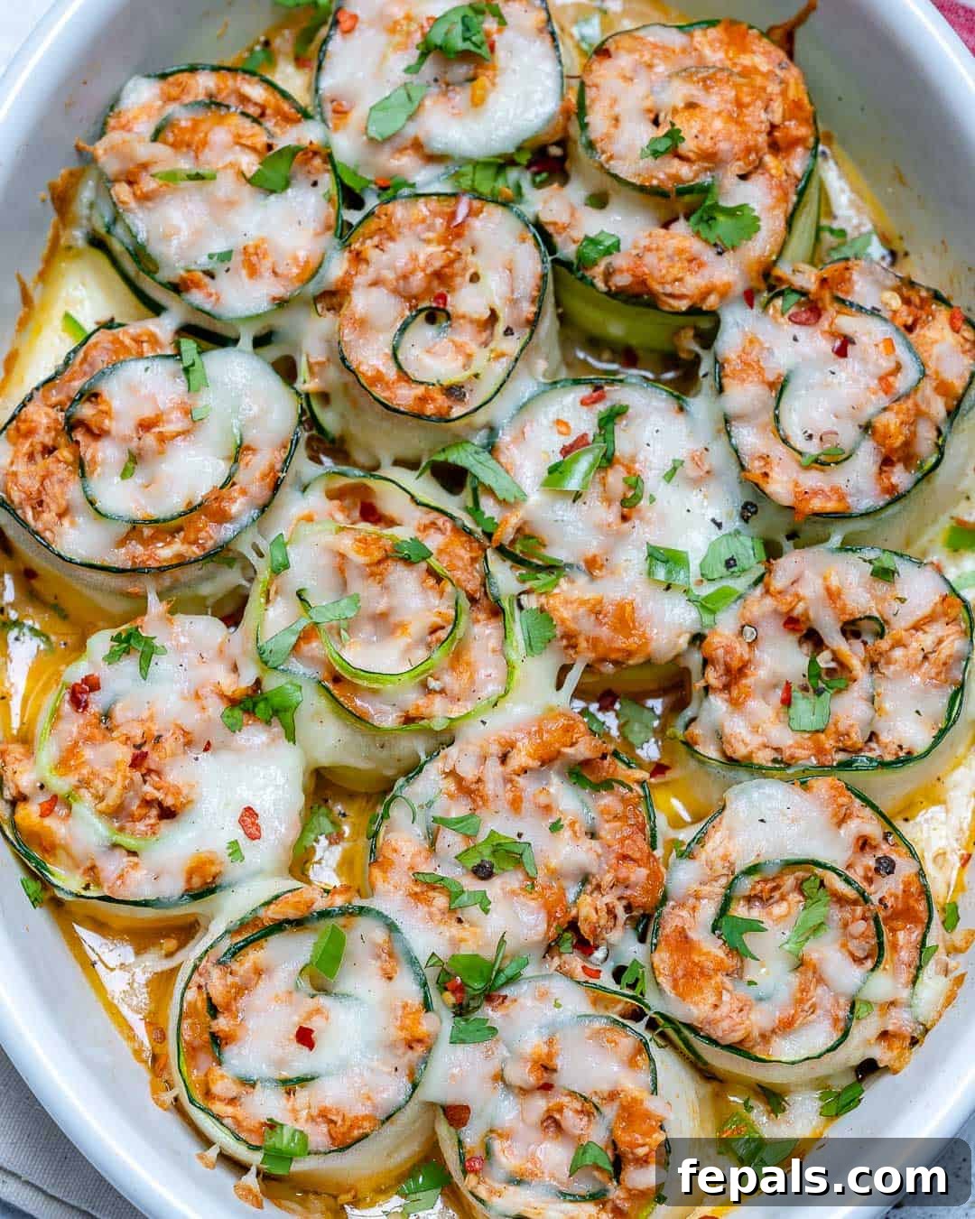 Top view of chicken enchilada rolls in a white dish, showcasing golden-brown cheese and vibrant colors.