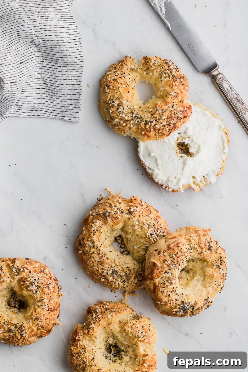 Perfect Keto Bagels 4 Close-up of a low carb keto Everything Bagel, sliced and ready to eat.