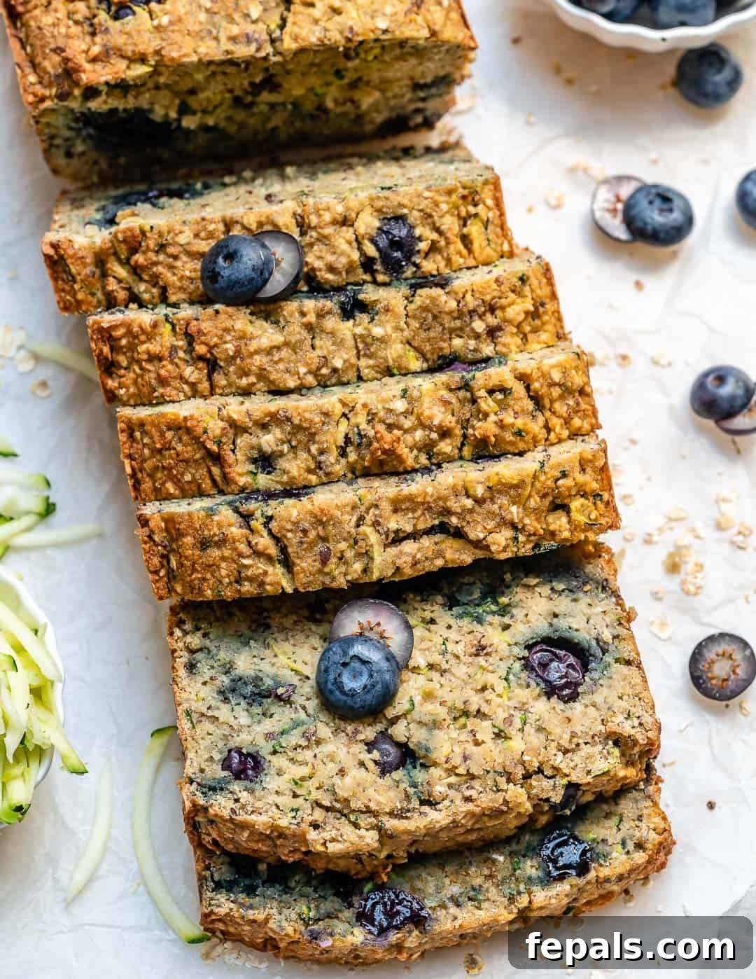 Delicious Blueberry Zucchini Bread 10 Several slices of blueberry zucchini bread arranged neatly next to each other on a flat surface, highlighting their moist texture and blueberry distribution.