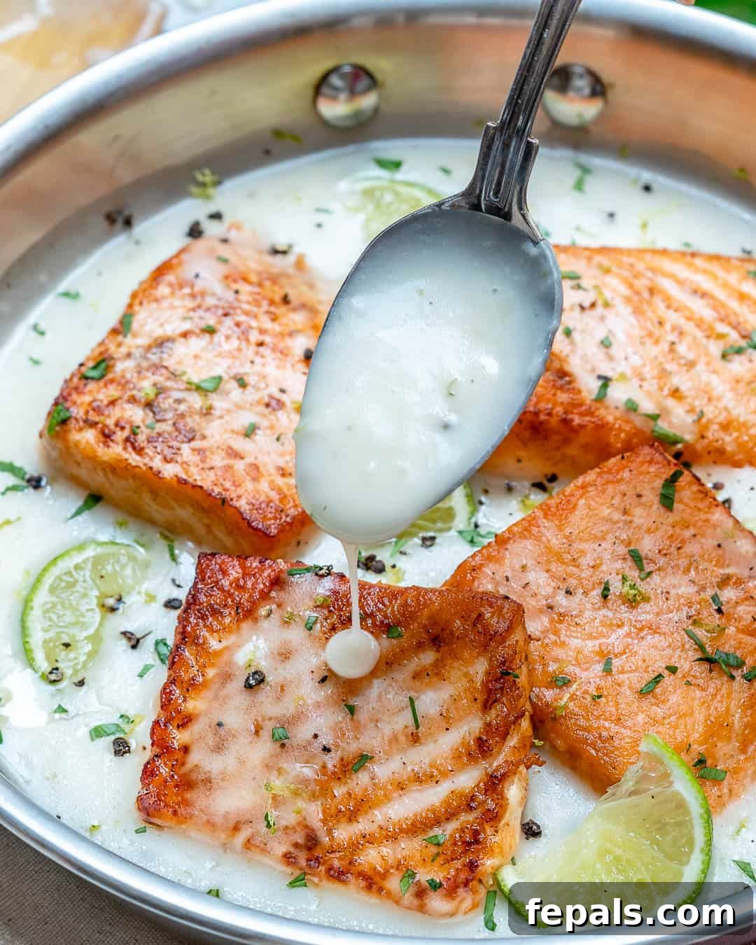 spoon drizzling some creamy sauce over seared salmon in a creamy sauce. 