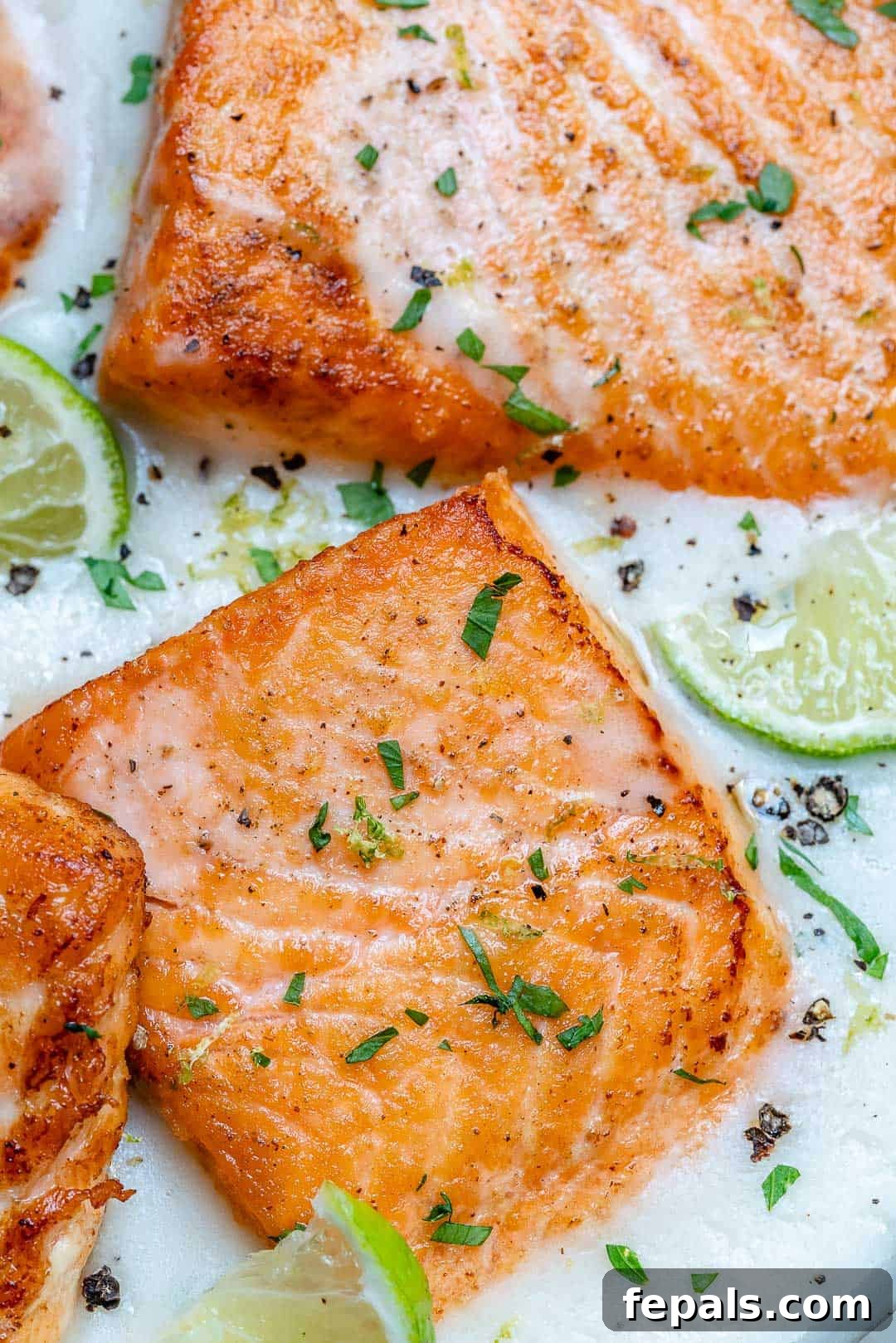 seared salmon filets in a creamy white sauce.