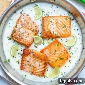 4 salmon filets that are pan-pan-seared in a creamy coconut lime sauce.