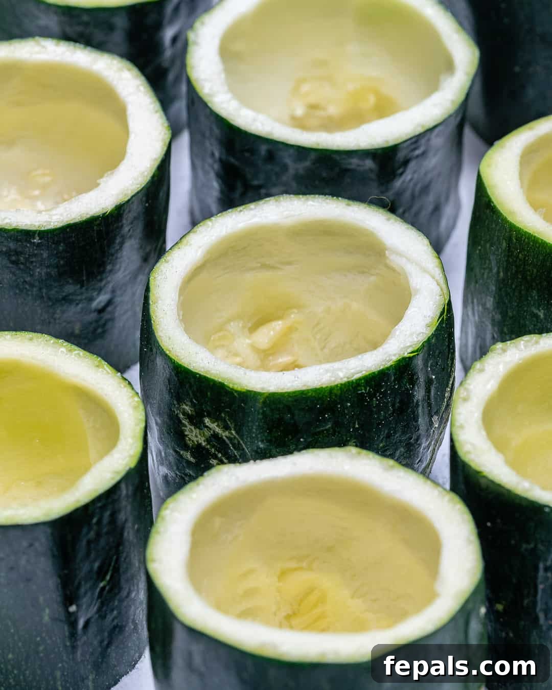 Loaded Zucchini Tacos 4 Freshly cut zucchini slices with centers scooped out, ready to be filled.